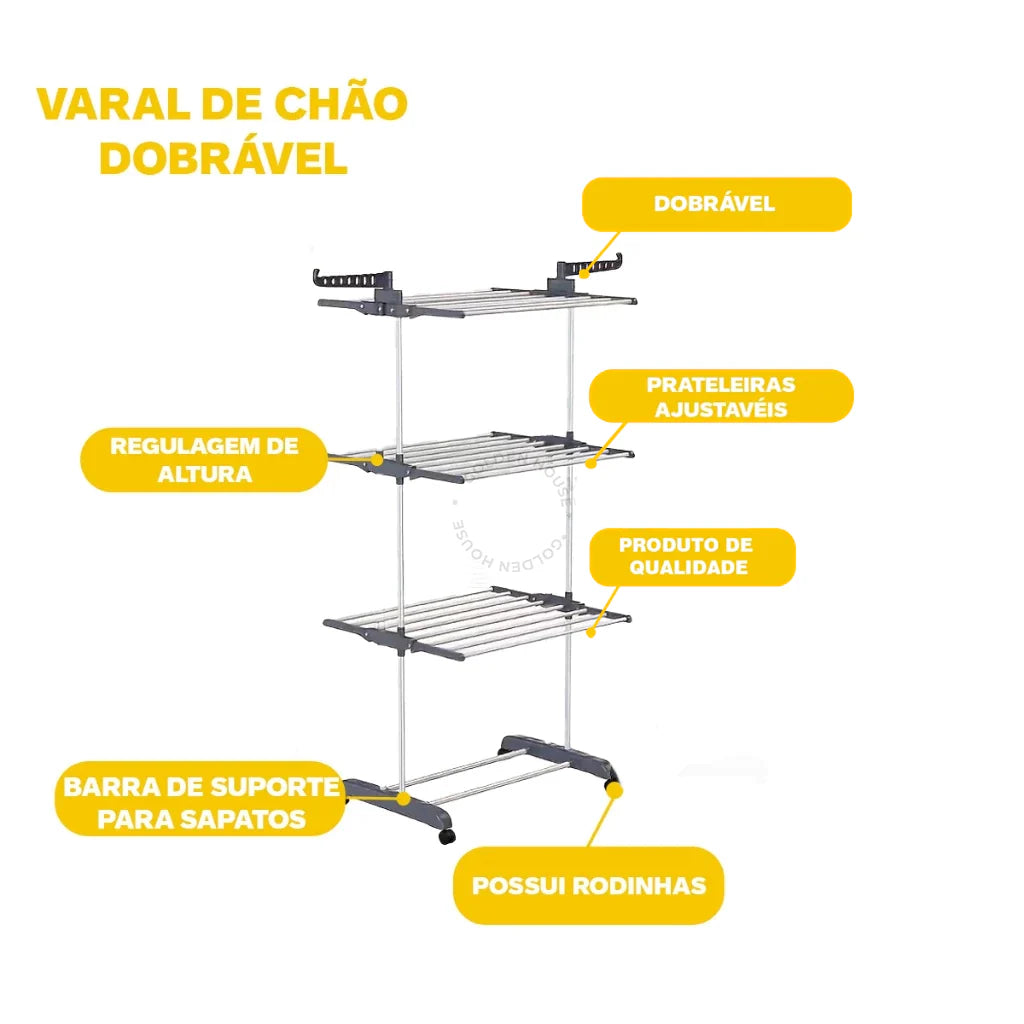 Varal De Chão com Prateleiras e Rodinhas - 3 Andares Dobrável Portátil - Suporta até 30 kg