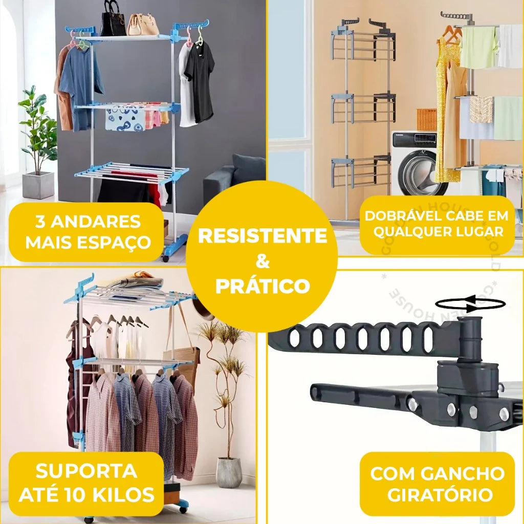 Varal De Chão com Prateleiras e Rodinhas - 3 Andares Dobrável Portátil - Suporta até 30 kg
