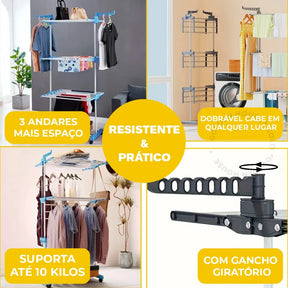 Varal De Chão com Prateleiras e Rodinhas - 3 Andares Dobrável Portátil - Suporta até 30 kg