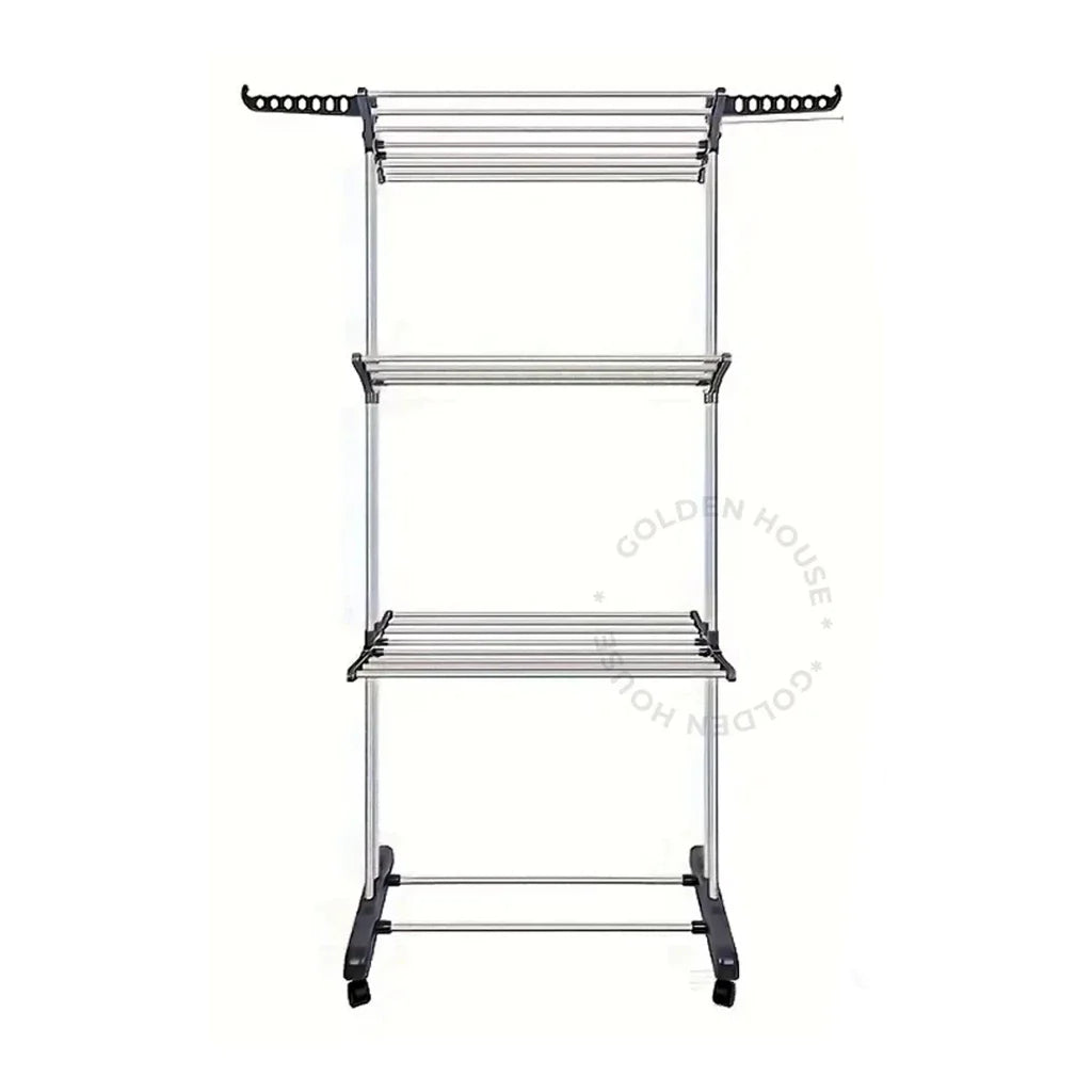 Varal De Chão com Prateleiras e Rodinhas - 3 Andares Dobrável Portátil - Suporta até 30 kg