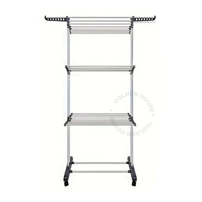 Varal De Chão com Prateleiras e Rodinhas - 3 Andares Dobrável Portátil - Suporta até 30 kg