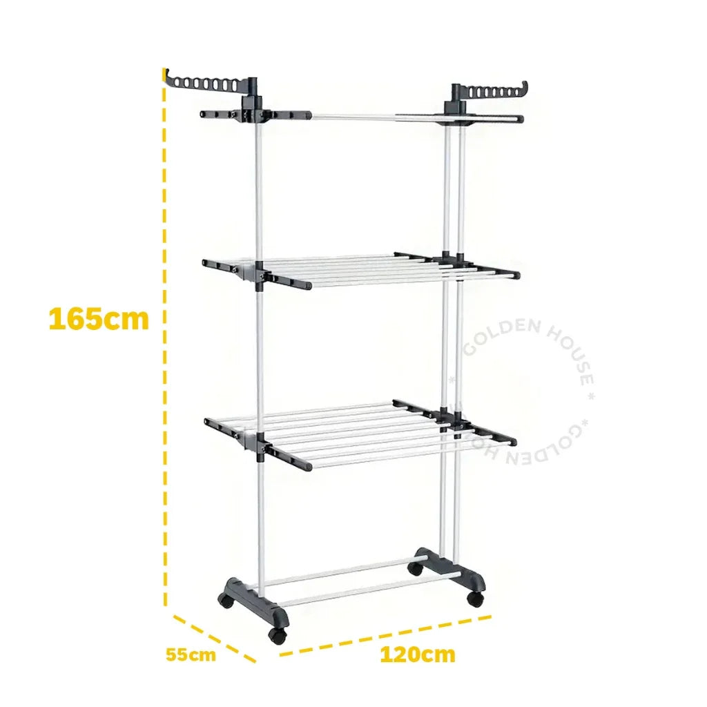 Varal De Chão com Prateleiras e Rodinhas - 3 Andares Dobrável Portátil - Suporta até 30 kg