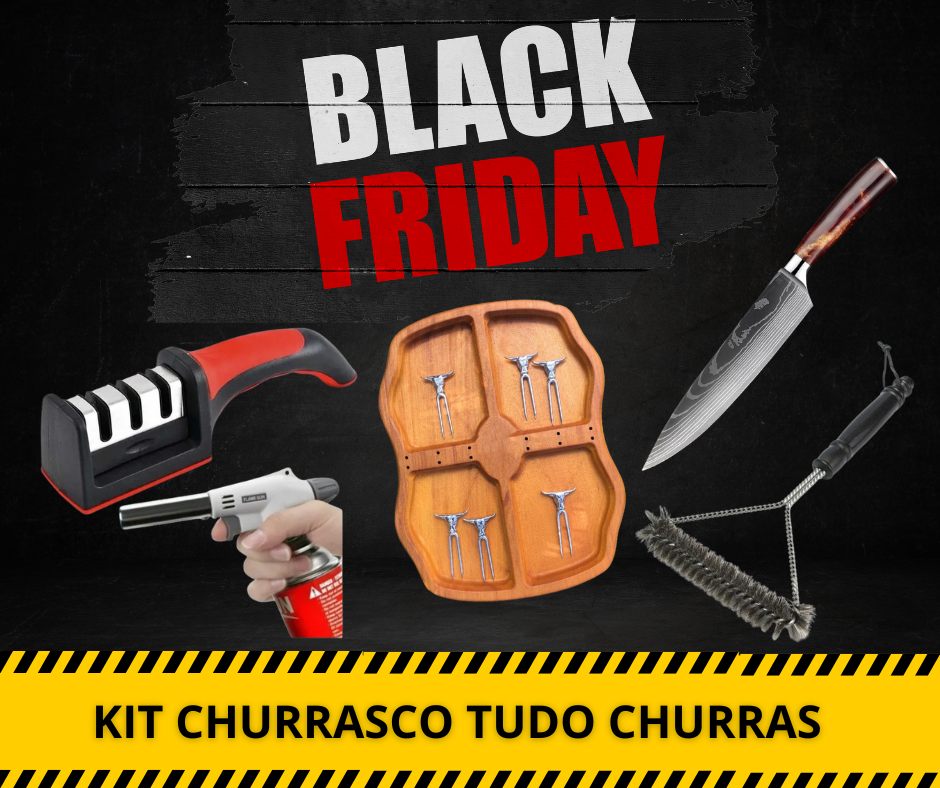 KIT CHURRASCO COMPLETO (60% OFF) - Petisqueira com 6 garfinhos + Faca + Afiador + Escova Limpa Grelha + Maçarico Culinário